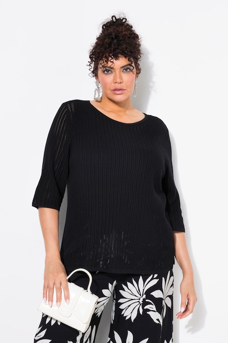 Openwork Striped 3/4 Sleeve Boat Neck Sweater