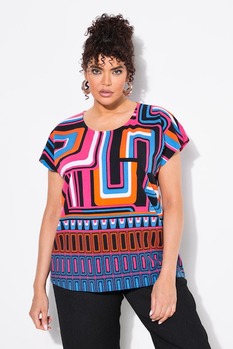 Mixed Geometric Print Cap Sleeve Stretch-Fit Tee