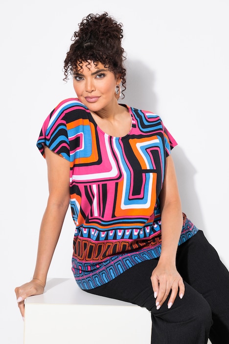 Mixed Geometric Print Cap Sleeve Stretch-Fit Tee