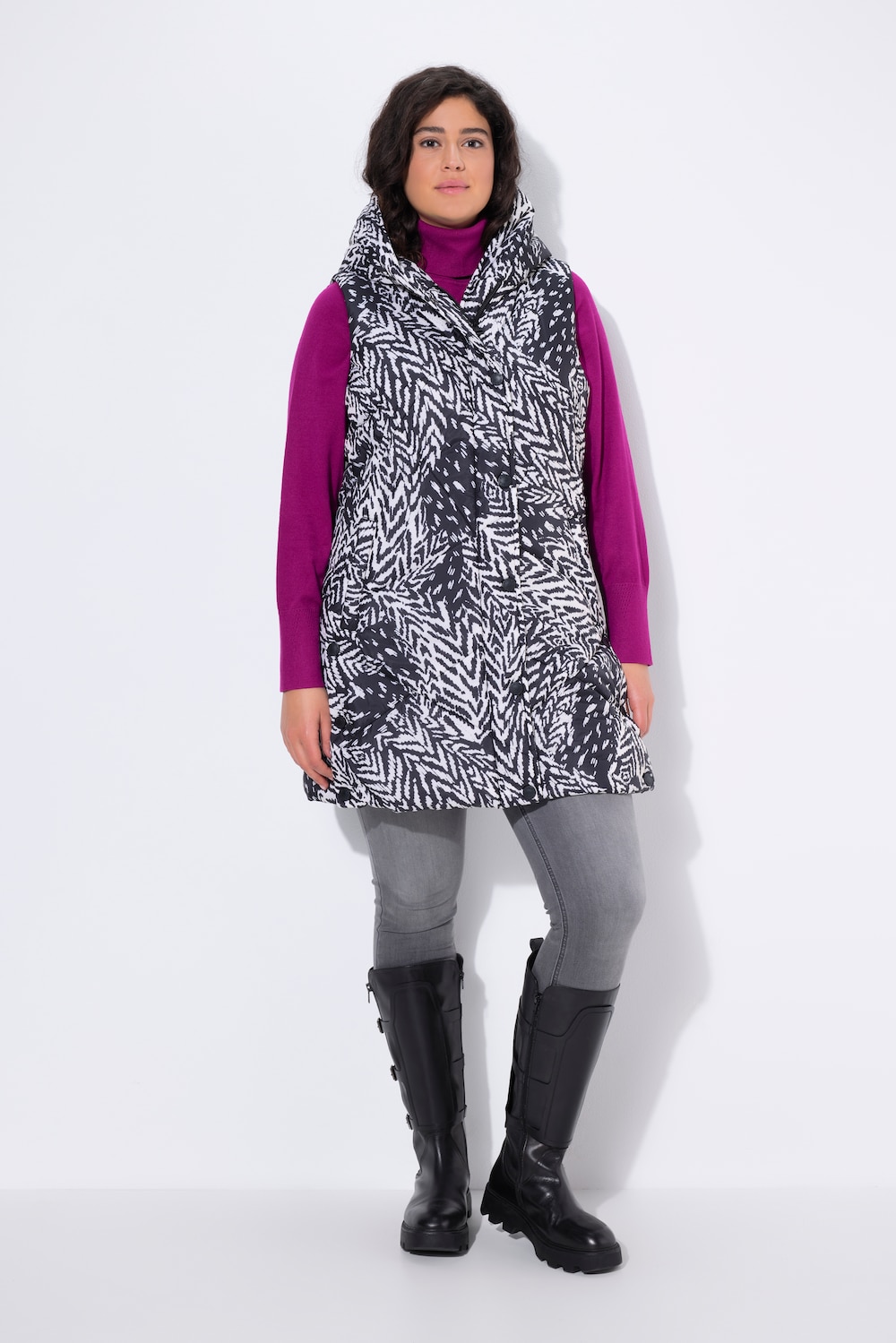 Große Größen HYPRAR Long-Steppweste mit Druck, Damen, schwarz, Größe: 42/44, Polyester, Ulla Popken