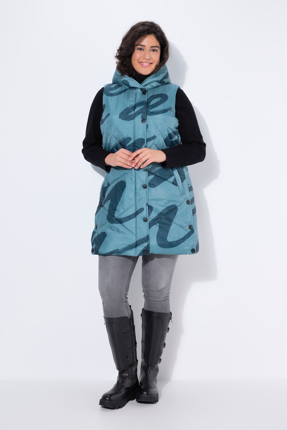 Große Größen HYPRAR Long-Steppweste mit Druck, Damen, grau, Größe: 58/60, Polyester, Ulla Popken