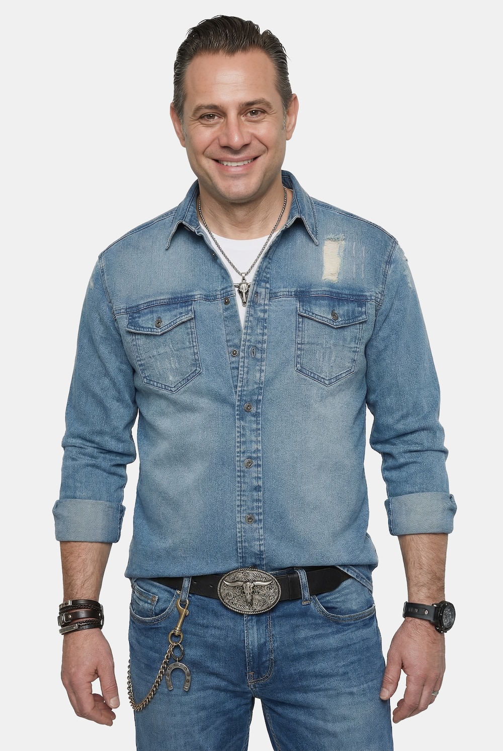 Chemise en jean JP 1880 FLEXNAMIC®, tissu denim, manches longues et col Kent, coupe Modern Fit
