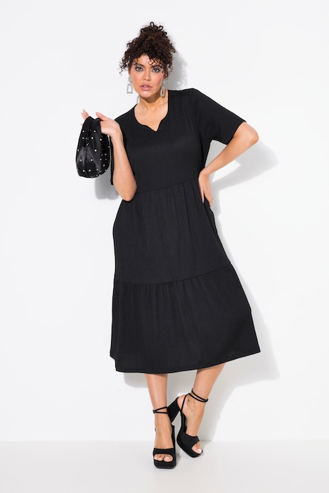 Tiered Flounce Panel Short Sleeve Split Neck Dress