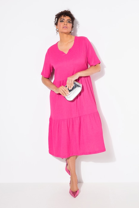 Tiered Flounce Panel Short Sleeve Split Neck Dress