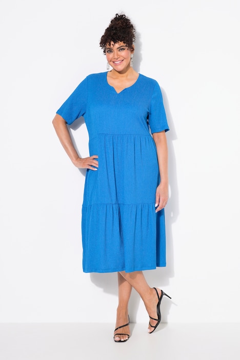 Tiered Flounce Panel Short Sleeve Split Neck Dress