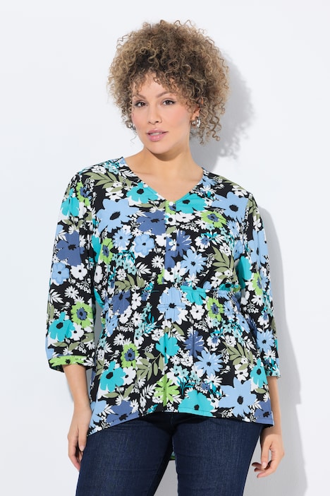 Blouse, bloemen, A-lijn, V-hals, 3/4-mouwen