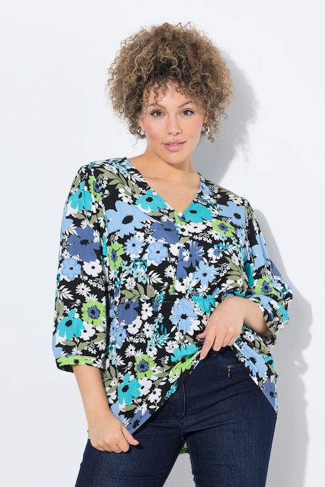 Bluse, Blüten, A-Linie, V-Ausschnitt, 3/4-Arm