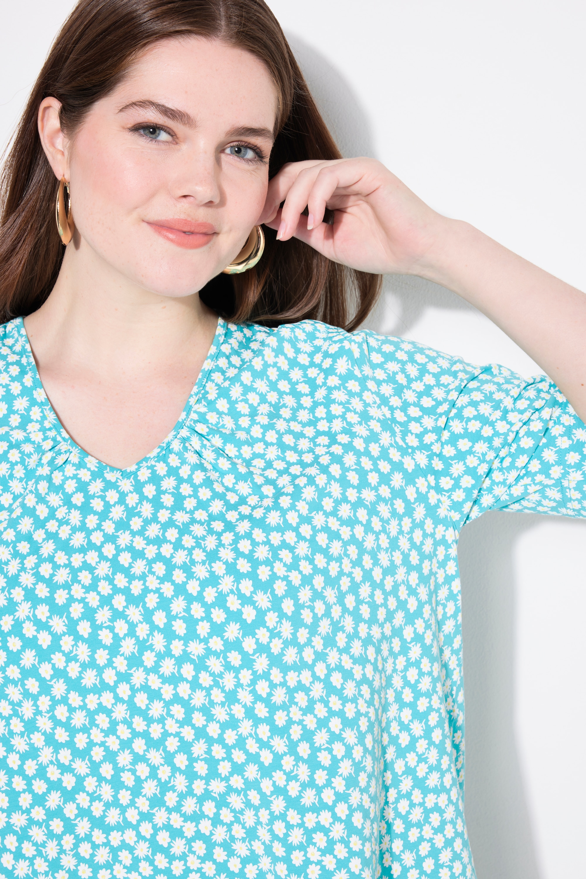 Ulla Popken Damen große Größen T Shirt A Linie Zierfalten V Ausschnitt