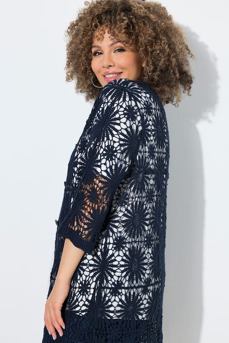 Strickjacke, Blüten, Wellenkanten, V-Ausschnitt, Langarm