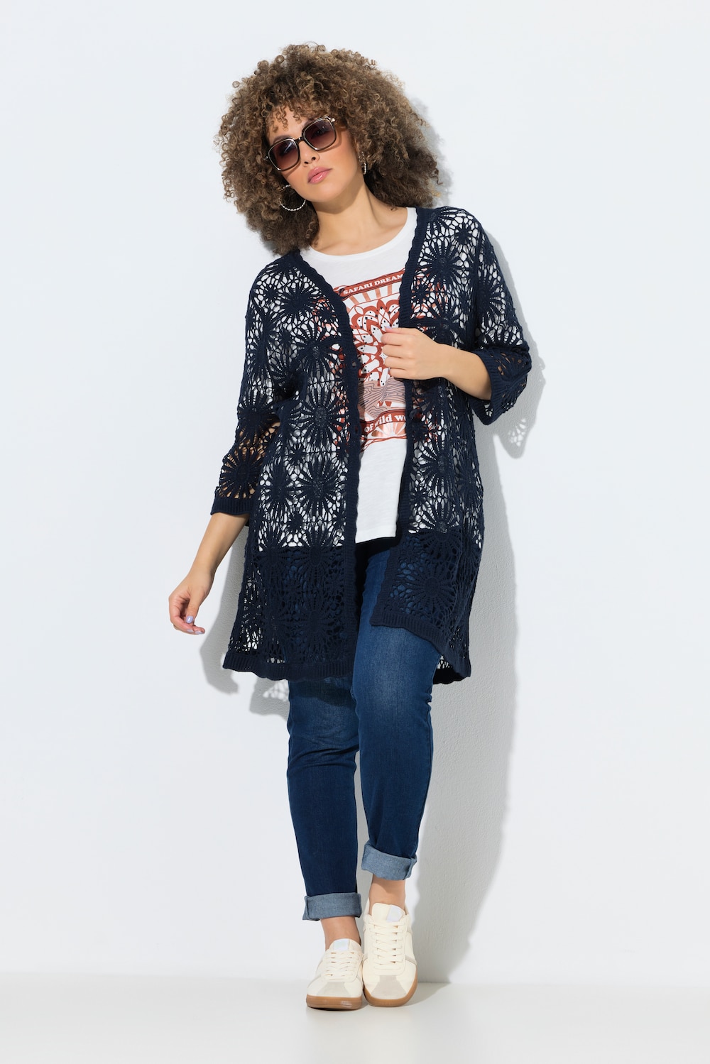 Strickjacke, Blüten, Wellenkanten, V-Ausschnitt, Langarm