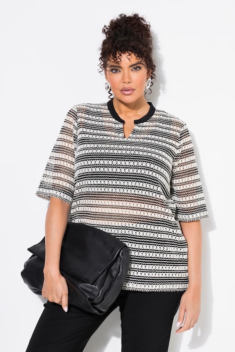 Openwork Striped Short Sleeve Split Neck Top