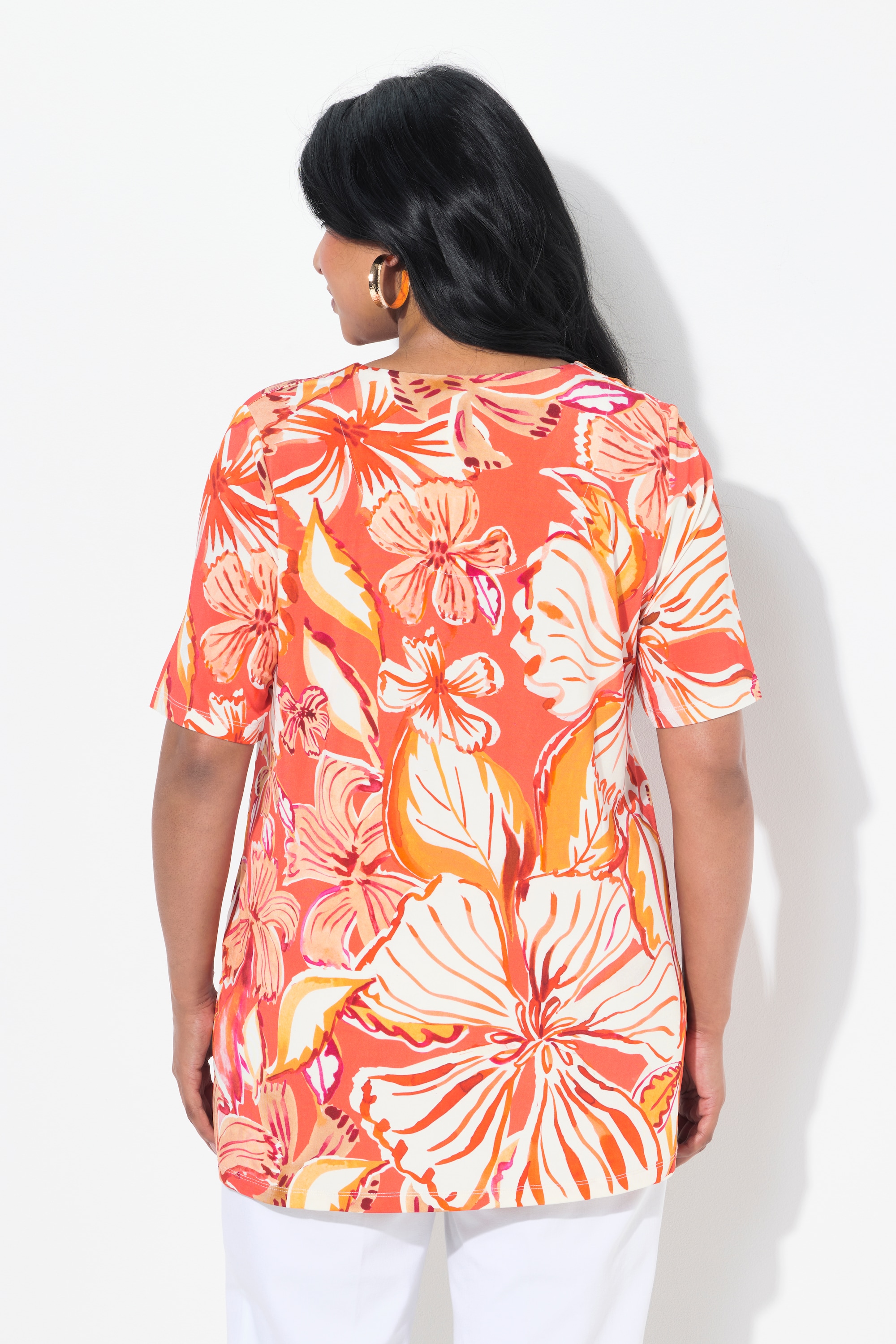 Ulla Popken Damen große Größen Slinkyshirt Blüten A Linie V Ausschnitt