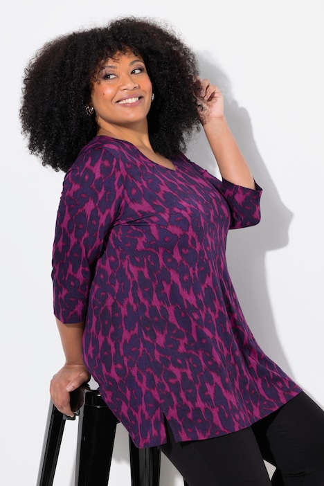 Abstract Print 3/4 Sleeve V-Neck Knit Tunic