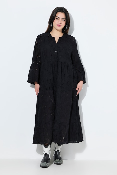 Midikleid, A-Linie, Lochstickerei, Volants