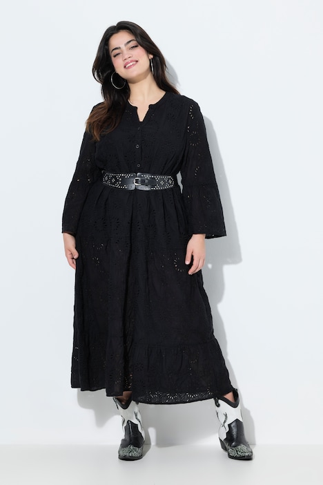 Midikleid, A-Linie, Lochstickerei, Volants