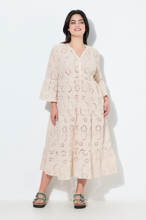 Midikleid, A-Linie, Lochstickerei, Volants
