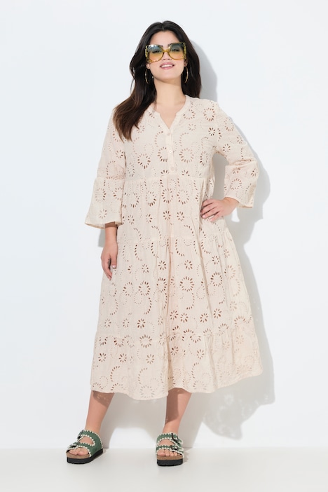 Midikleid, A-Linie, Lochstickerei, Volants