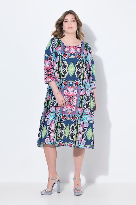 Midikleid, A-Linie, florales Muster, 3/4-Ärmel
