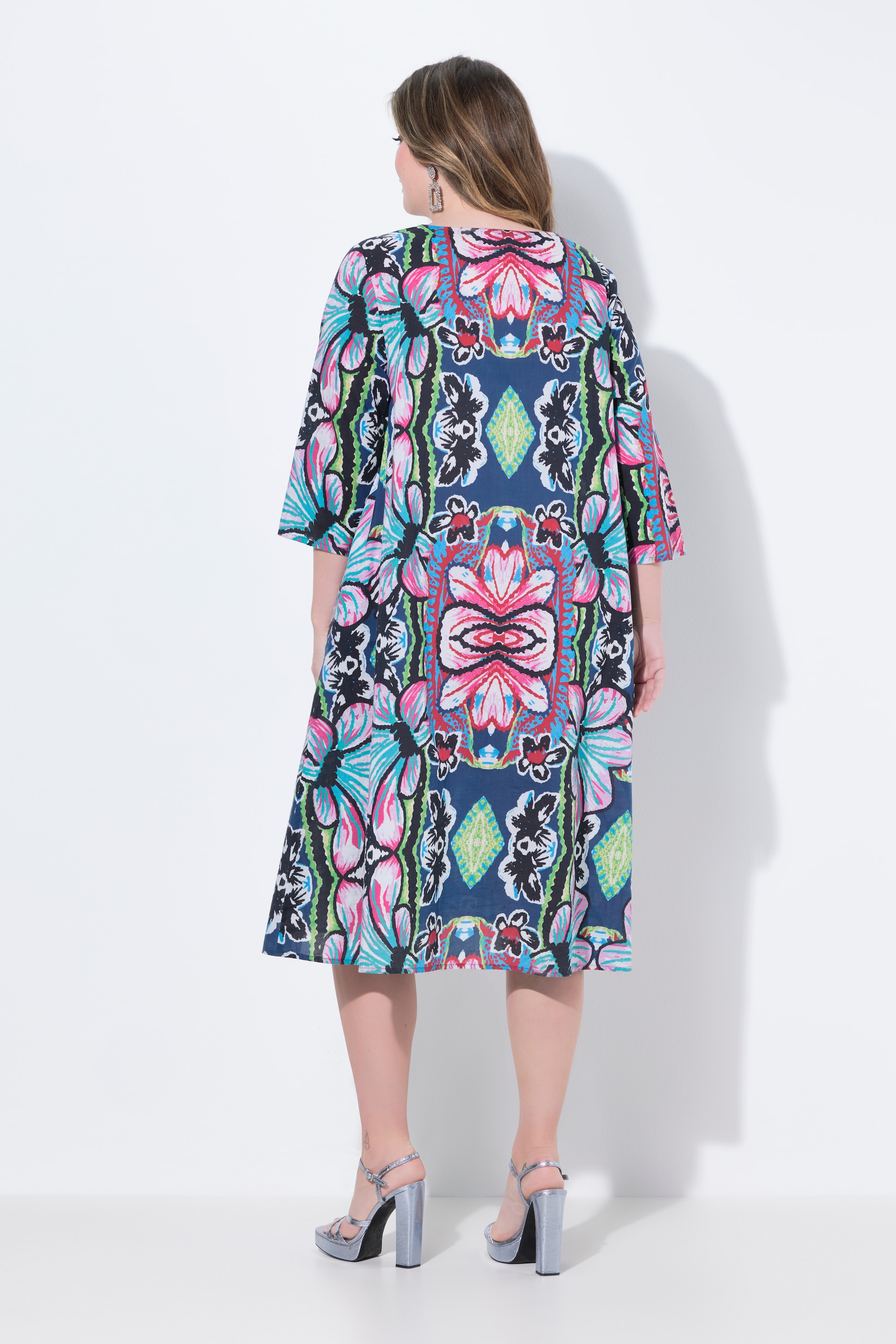 MIAMODA Damen große Größen Midikleid A Linie florales Muster 3 4 Ärmel 838549