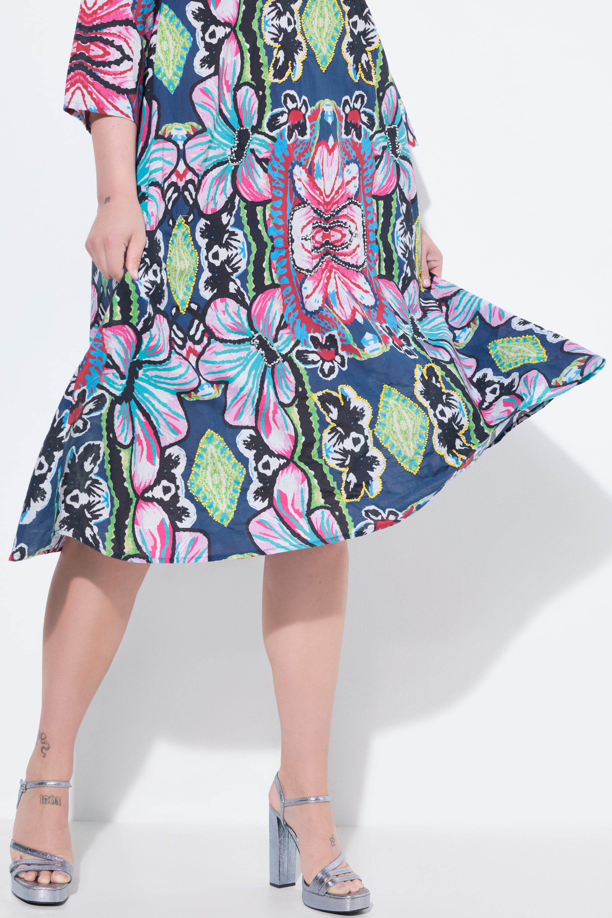 MIAMODA Damen große Größen Midikleid A Linie florales Muster 3 4 Ärmel 838549