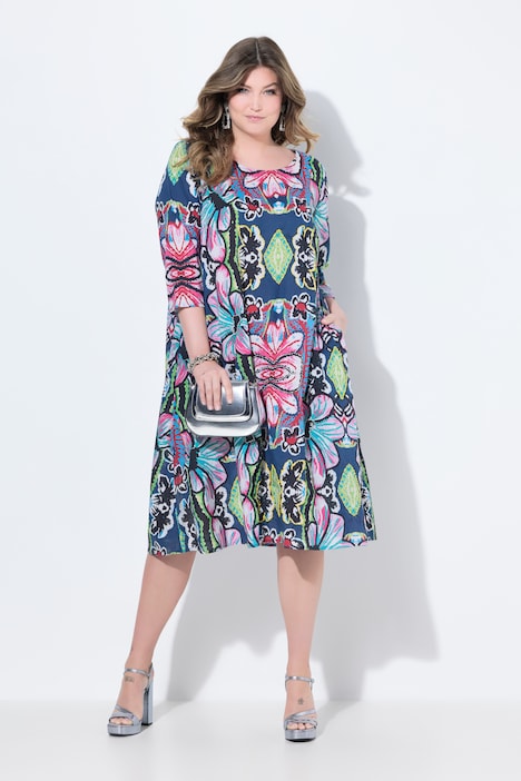 Midikleid, A-Linie, florales Muster, 3/4-Ärmel