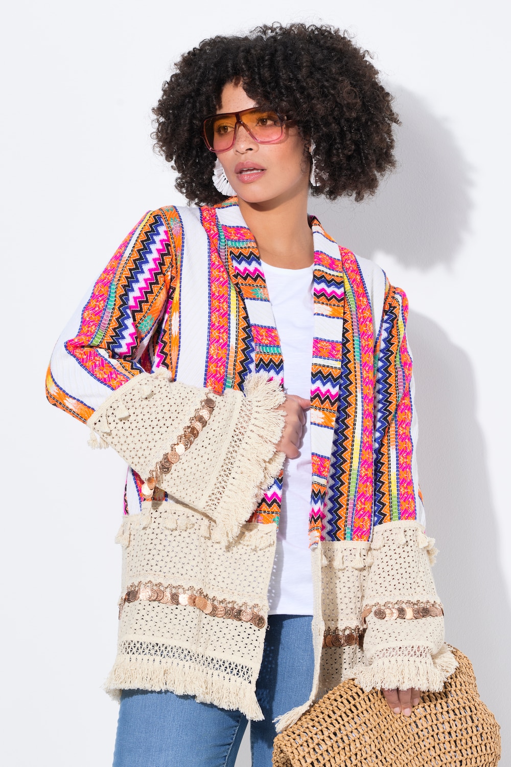 Kimono-Jacke, offene Form, Streifen, Ziermünzen
