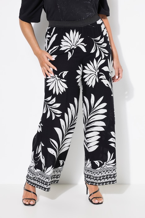 Pantalon motif floral, jambe droite et large, taille élastique