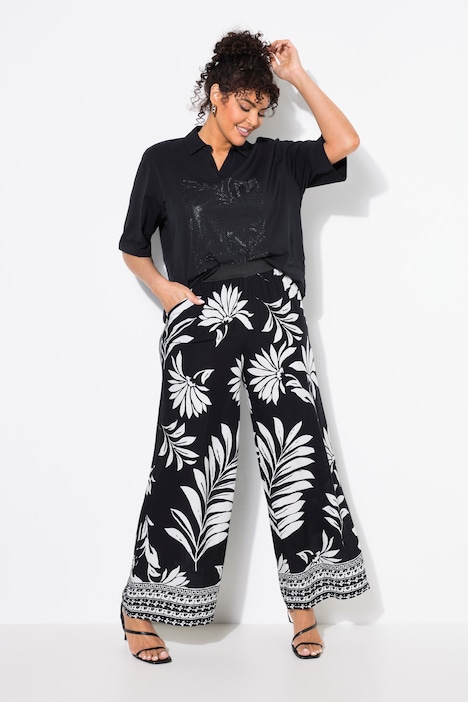 Pantalon motif floral, jambe droite et large, taille élastique