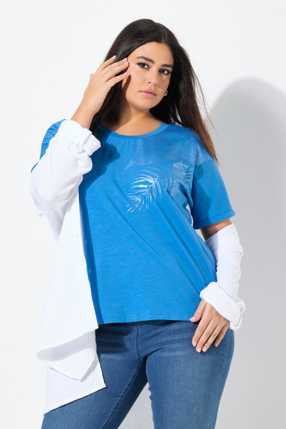 T-shirt, bladeren, oversized, ronde hals, korte mouwen