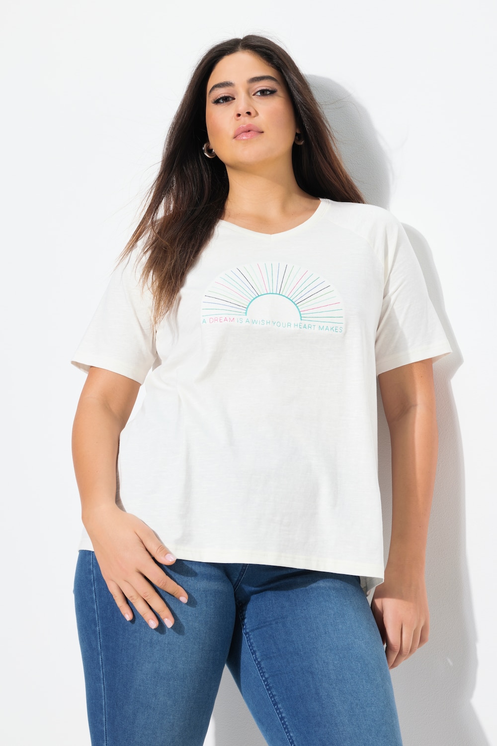 T-Shirt, Stickerei, Classic, V-Ausschnitt, Flügel-Halbarm
