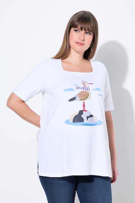 T-shirt classica con gabbiano, scollo rettangolare e mezze maniche