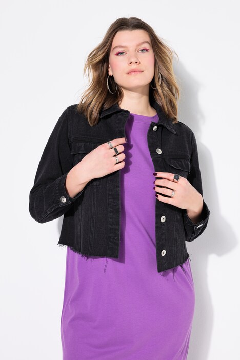 Veste En Jean Ulla Popken Pour Femme - Style Blazer Avec Franges, Col Chemise Et Manches à Revers Large