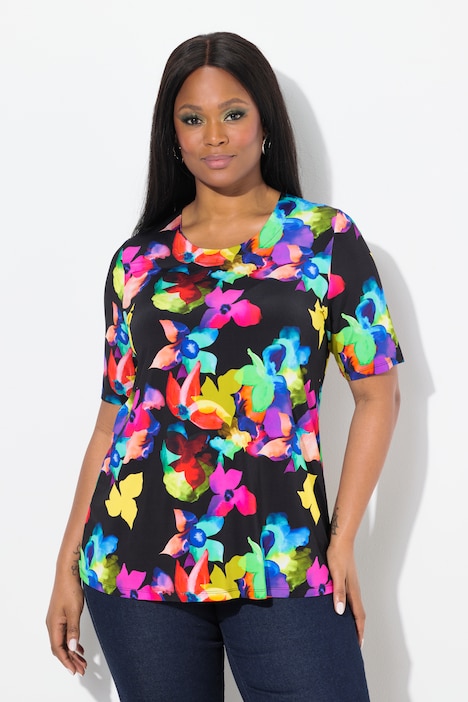 Neon Floral Short Sleeve Slinky Top