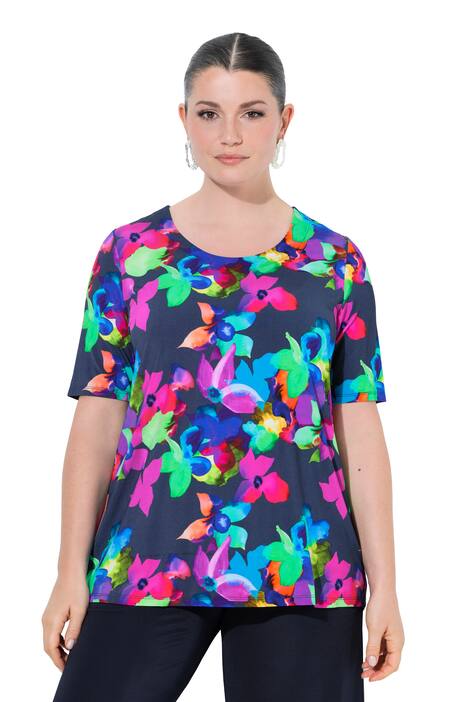 Slinky tričko, květy, A střih, kulatý výstřih, krátké rukávy