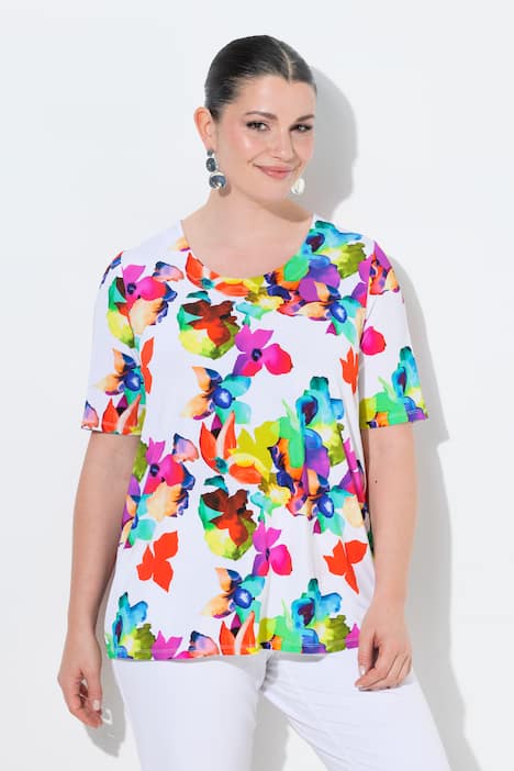 Slinky shirt, bloemen, A-lijn, ronde hals, halve mouwen