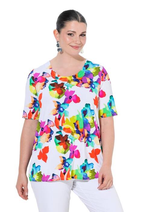 Slinky tričko, květy, A střih, kulatý výstřih, krátké rukávy