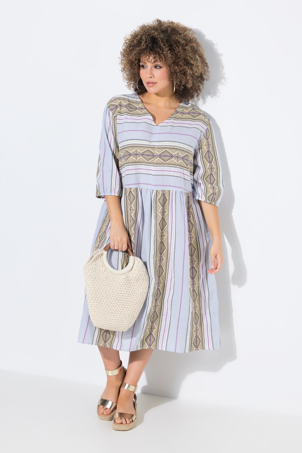 Kaftan, strepen, A-lijn, V-hals, 3/4-mouwen