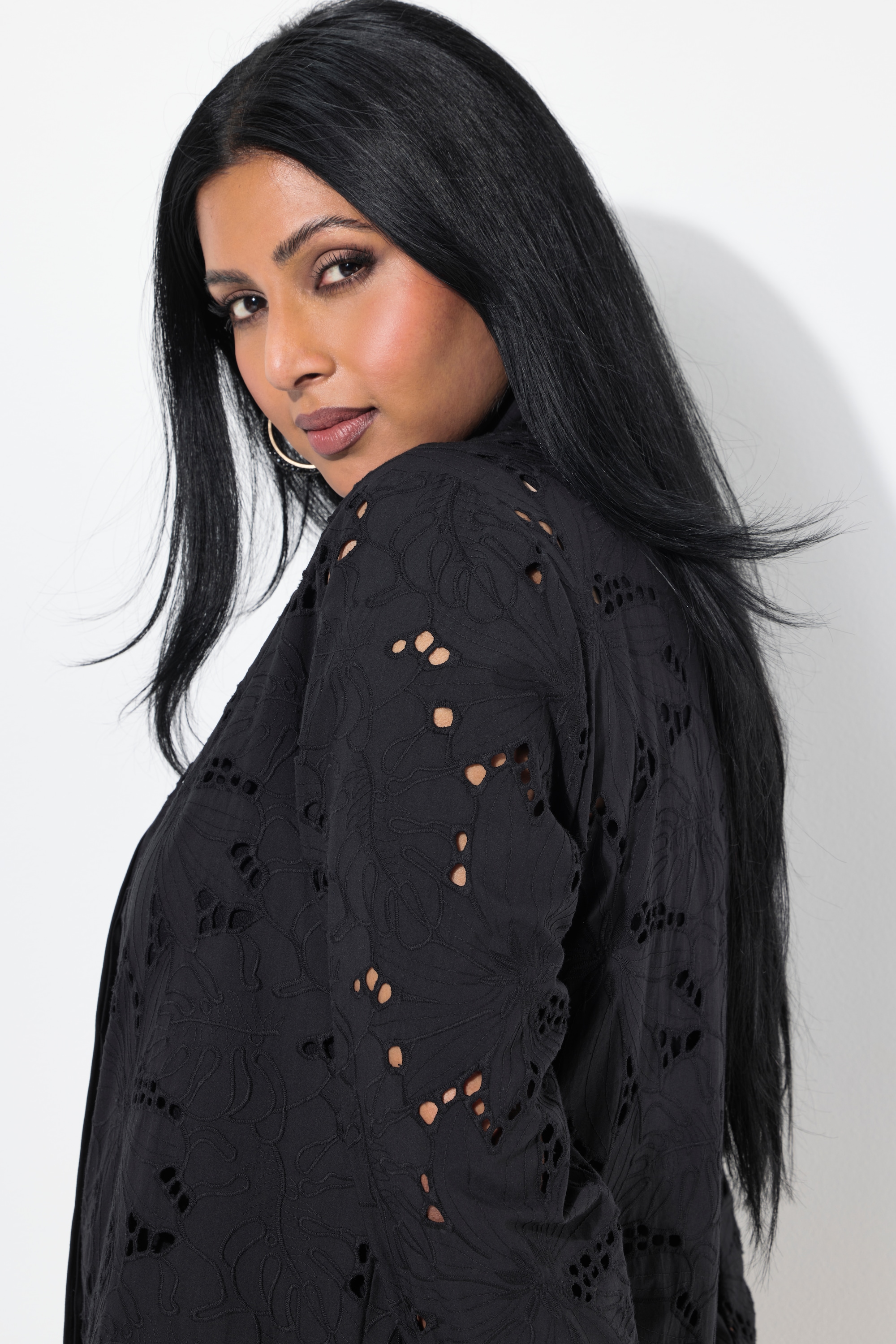 Ulla Popken Damen große Größen Longbluse Lochspitze Hemdkragen Langarm 838754