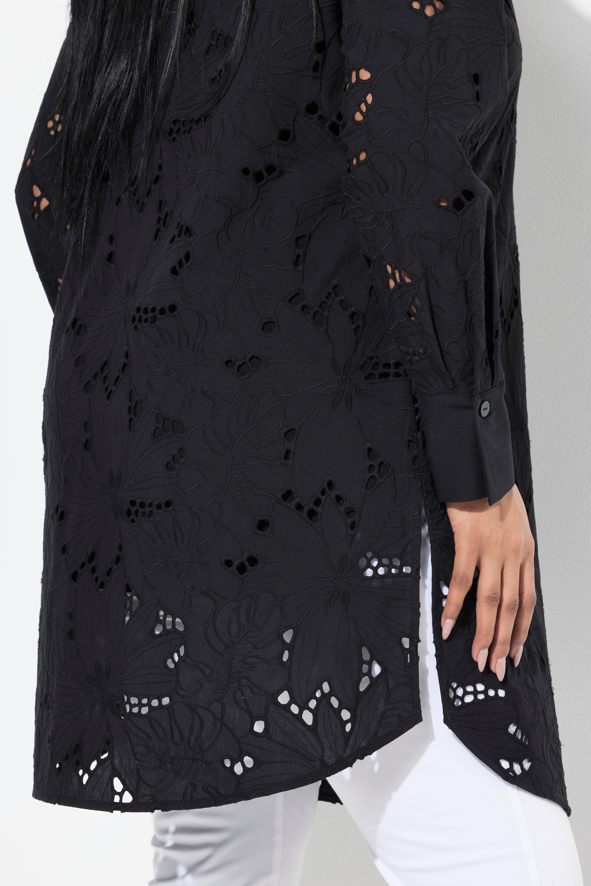 Ulla Popken Damen große Größen Longbluse Lochspitze Hemdkragen Langarm 838754