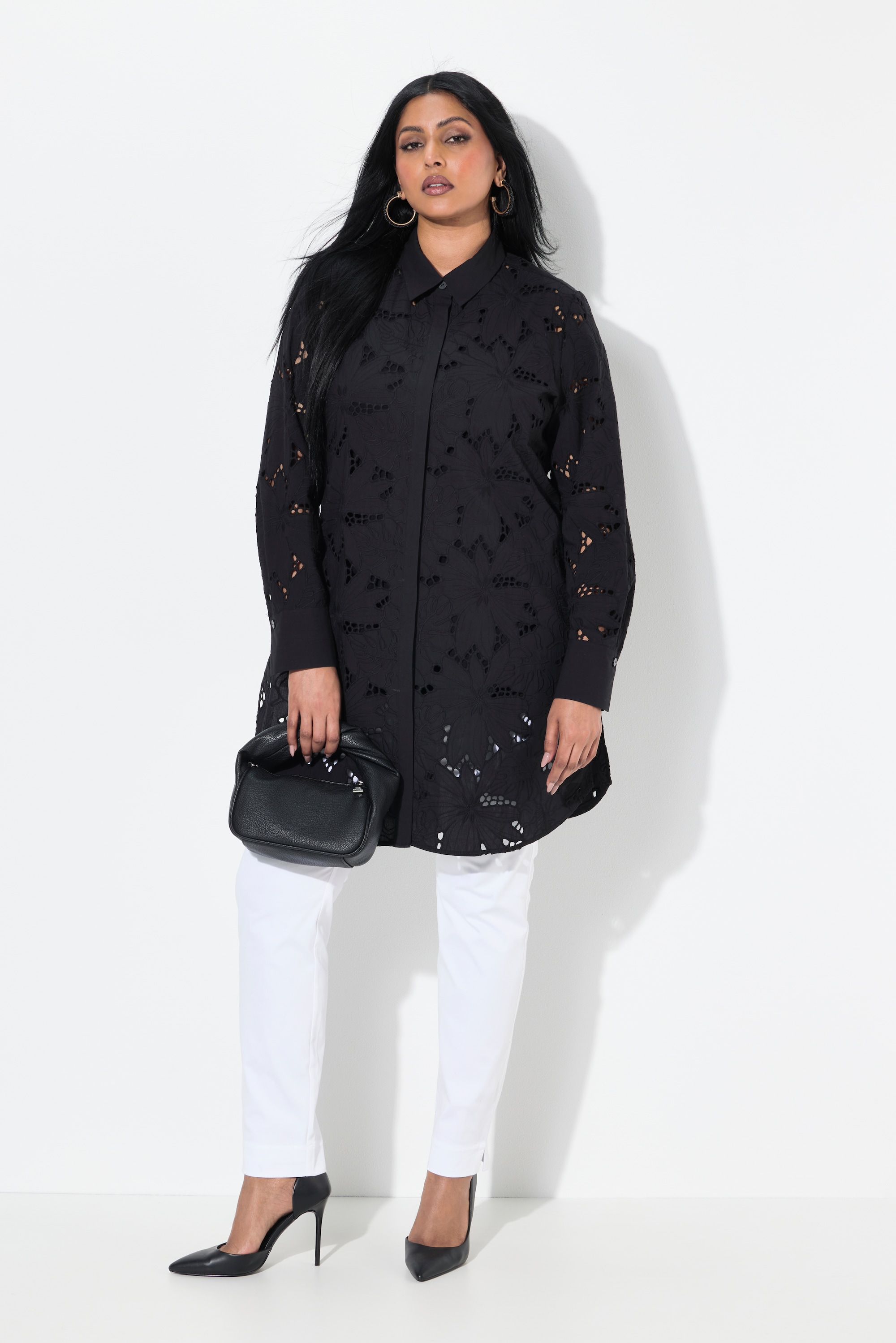 Ulla Popken Damen große Größen Longbluse Lochspitze Hemdkragen Langarm 838754