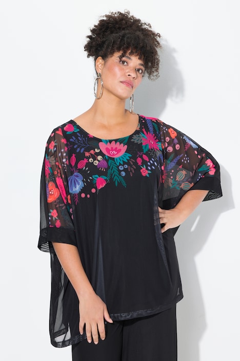 Blouse, oversized, bloemenrand, ondoorzichtige top