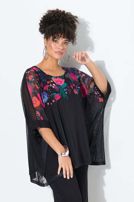 Blouse, oversized, bloemenrand, ondoorzichtige top