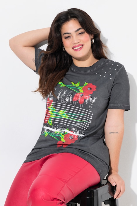 T-Shirt, Straight Fit, Blume und Statement