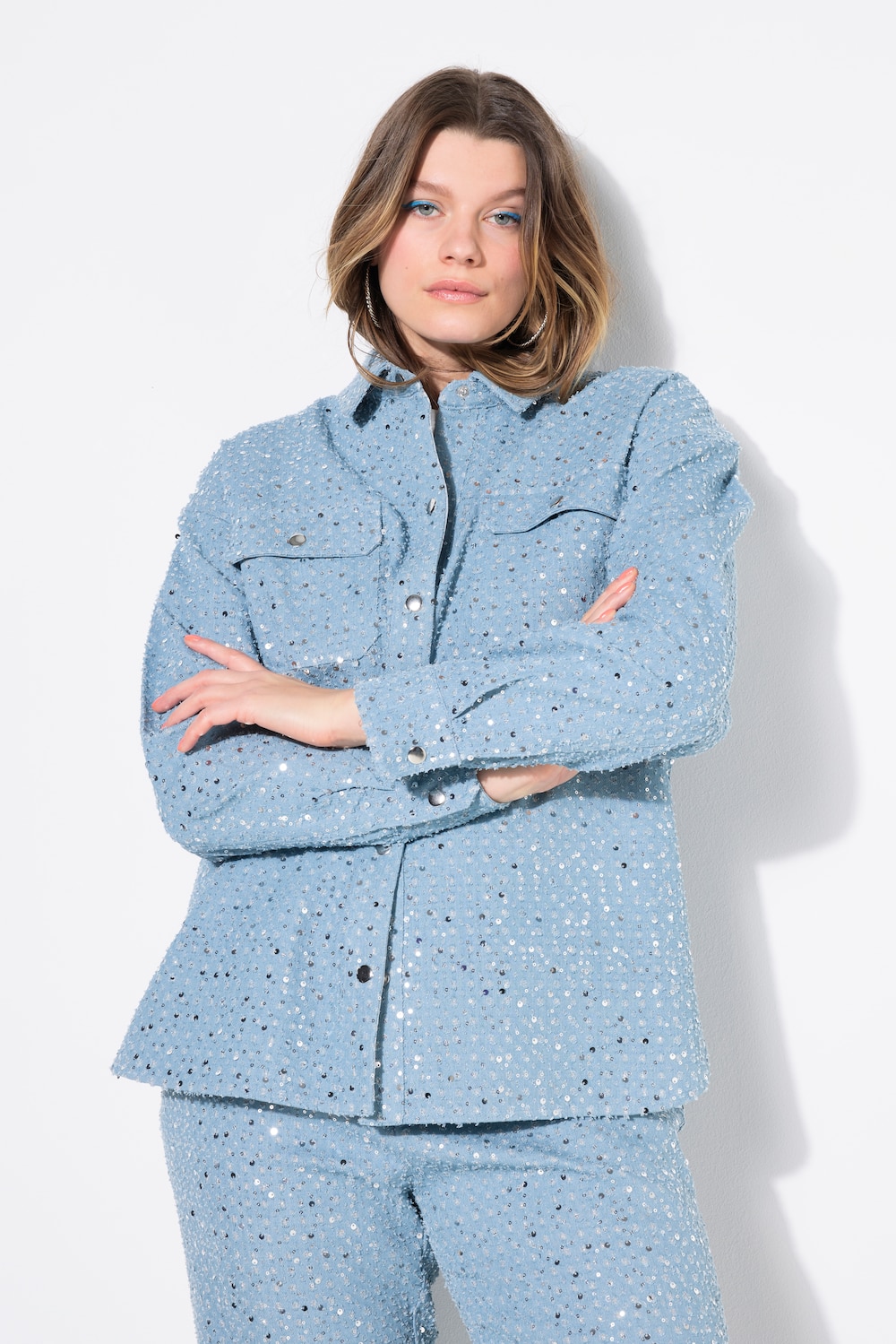 Hemd, oversized, Pailletten, Jeanslook