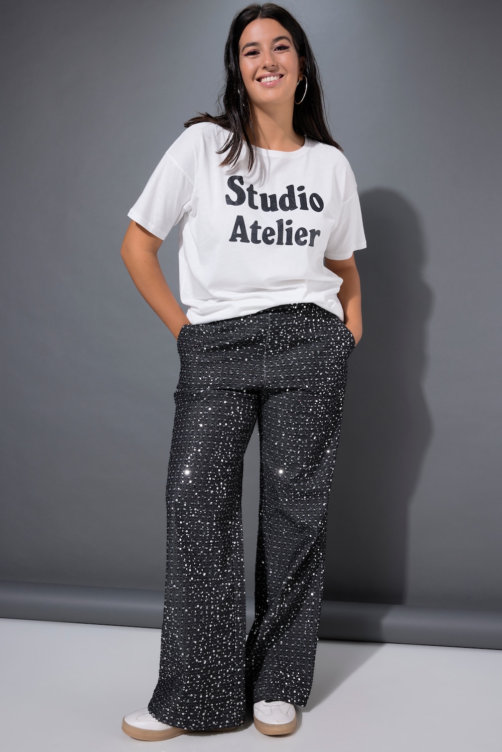 Jeans, Wide Legs, Pailletten, Jeansoptik, Glitzer