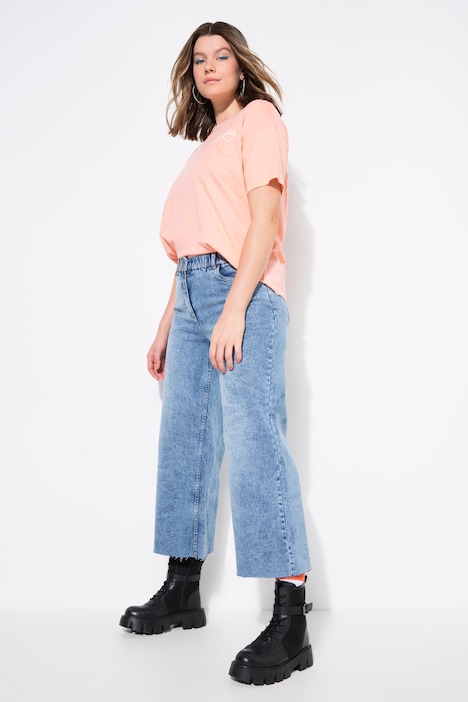 Culottes di jeans con taglio della gamba ampio, cinque tasche e orlo tagliato