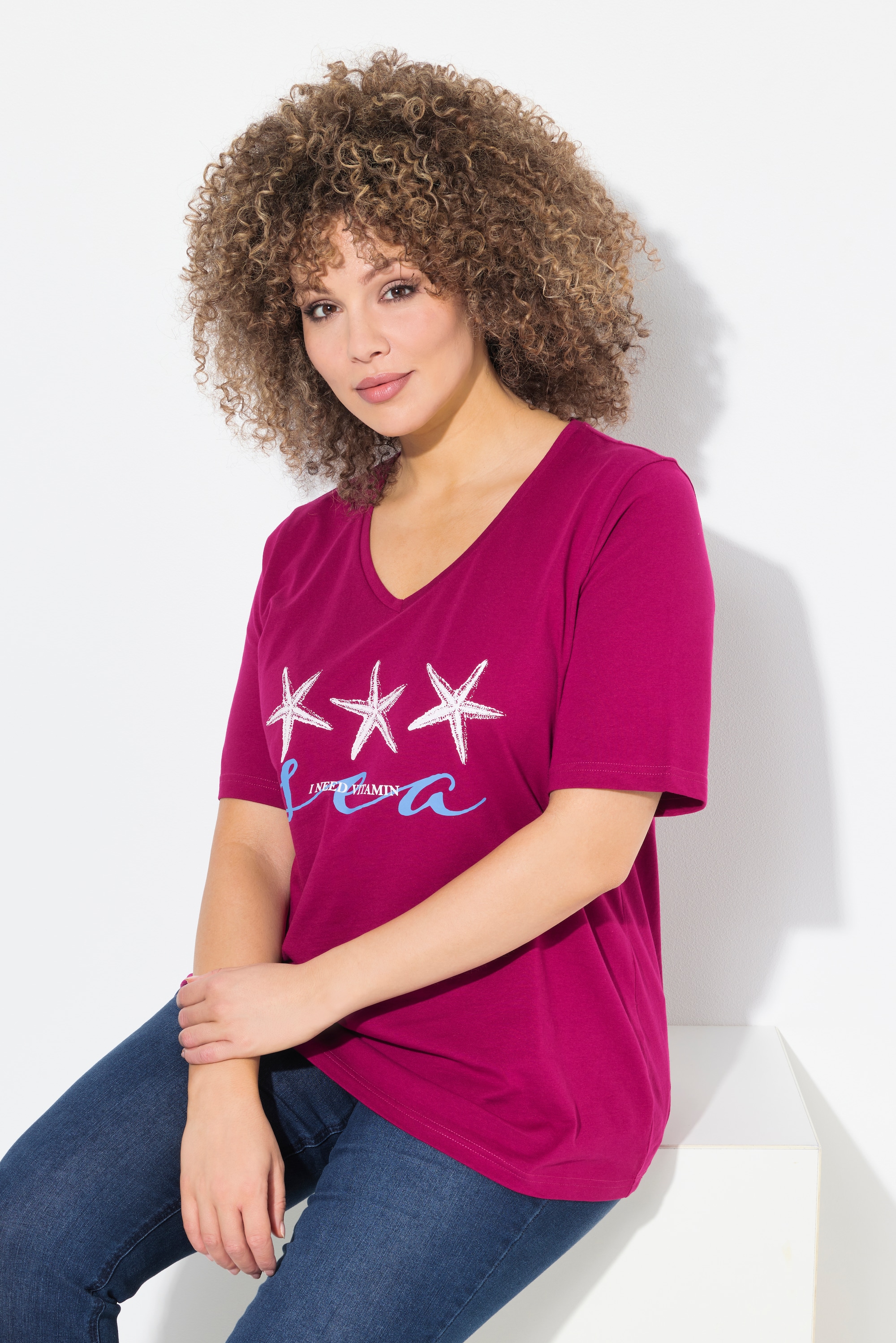 Ulla Popken Damen große Größen T Shirt Seestern Classic V Ausschnitt