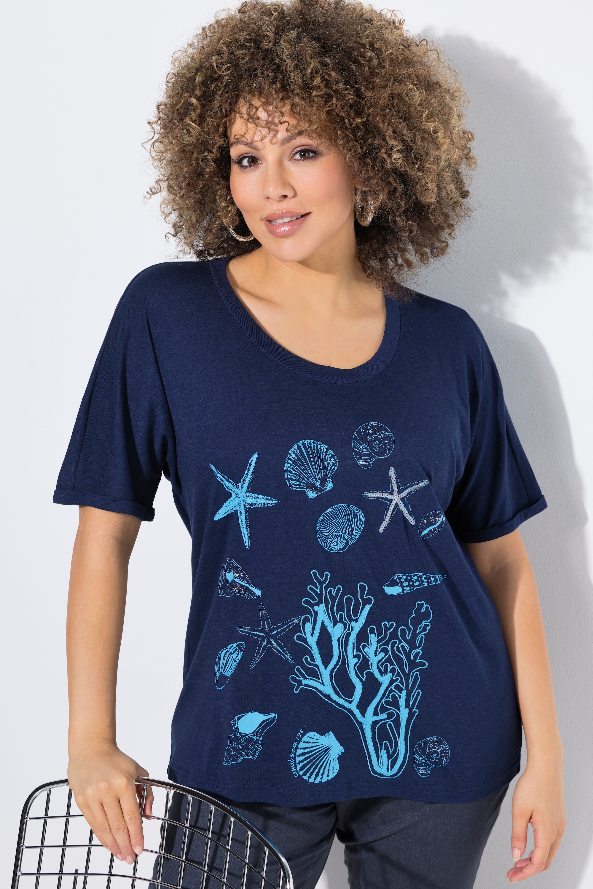 Ulla Popken Damen große Größen T Shirt Meerestiere Oversized Rundhals