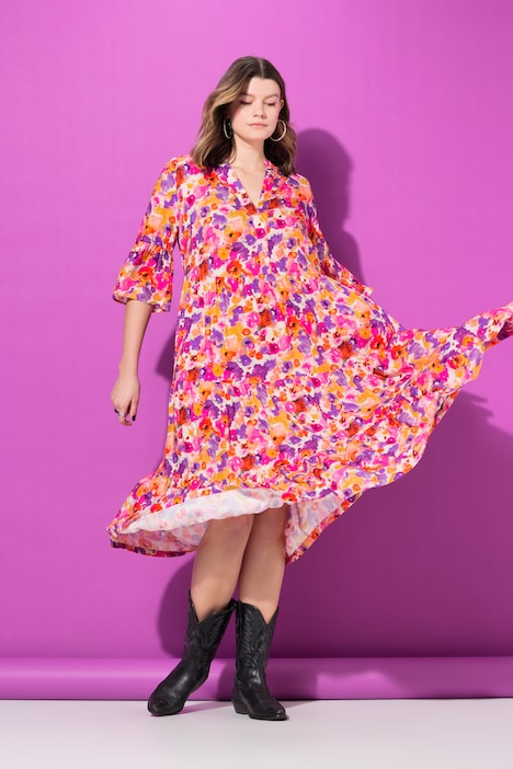 Vestido maxi, estampado de flores, volantes