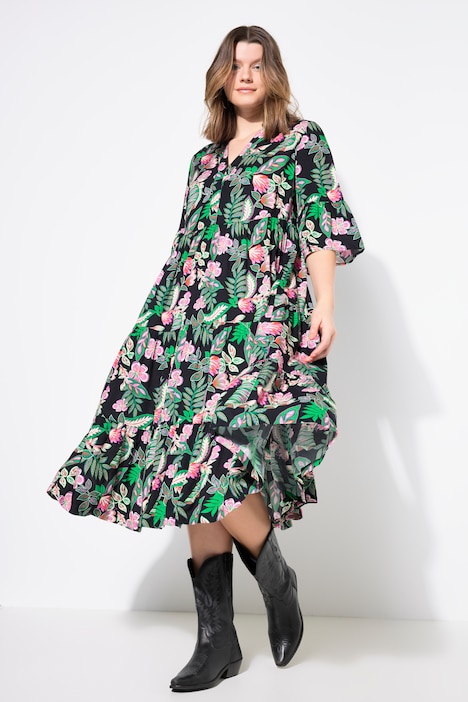 Maxikleid, Blätter-Print, Volants